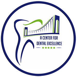 A logo with a stylized tooth and bridge design, featuring a white circle with a blue outline and text inside reading  A Center for Dental Excellence.