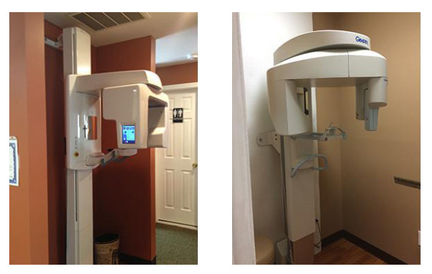 The image shows two photos side by side  on the left, a dental examination room with a chair and a monitor  on the right, a dental office setting featuring a modern dental chair and a digital display screen.